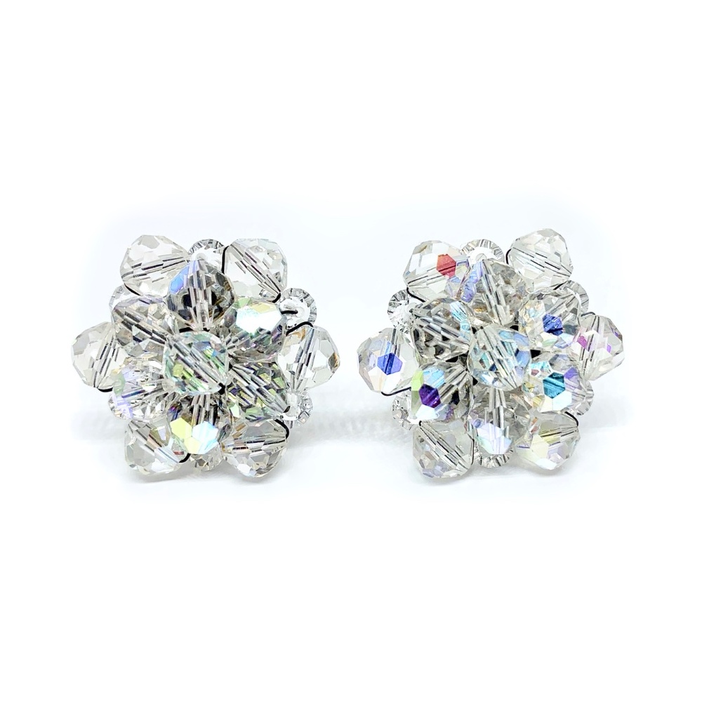 Aurora Borealis Crystal Cluster Clip On Earrings Vintage Mid Century